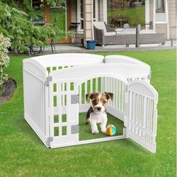 Dog Playpen with Door – 4 Panel Pet Playpen Indoor/Outdoor (White)