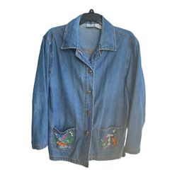 Blair Light Blue Denim Jean Jacket Embroidered Cats on Pockets Womens Size SML