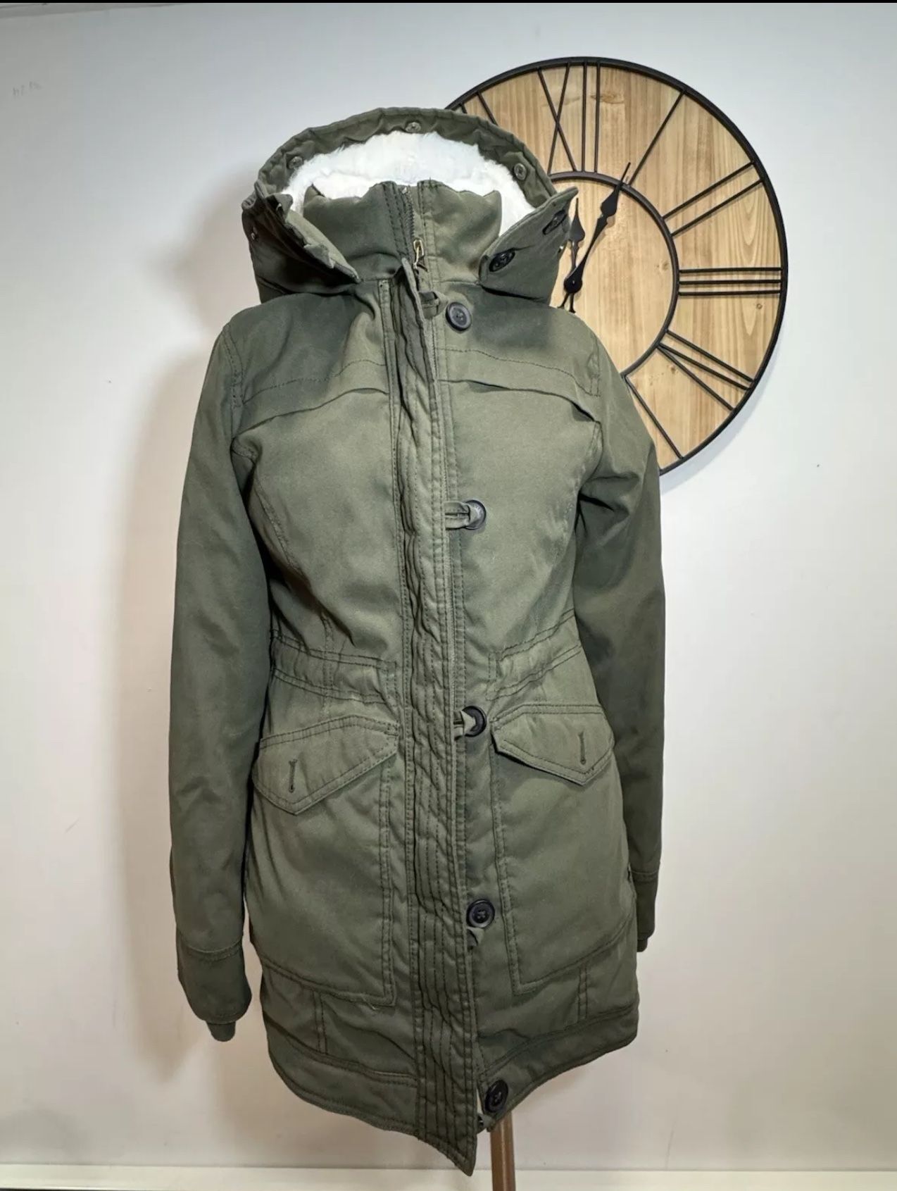 Hollister Womens Hooded Jacket Parka Faux Fur Sherpa Lined Coat Dark Green SMALL
