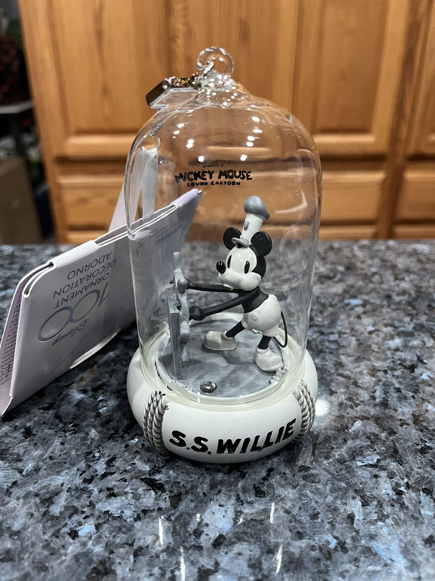 Disney Parks 100 Years Steam Boat Willie Light Up with Sound Glass Ornament