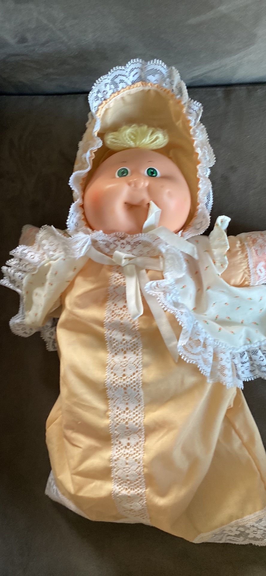 Cabbage Patch Kid Baby Preemie Green eyes Yellow hair tuft 1982 Vintage Marks