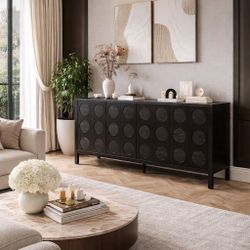 Modern Black Accent Cabinet – Wooden Storage Sideboard with Unique Geometric Circle Doors, Coffee Bar Cabinet for Entryway, Living Room & Home Office