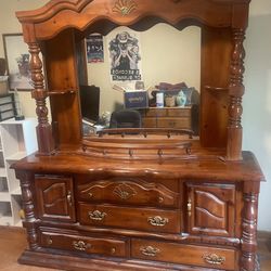 Antique Solid Wood Dresser With Attached Mirror