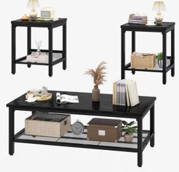 3-Piece Living Room Coffee Table Set, Industrial Coffee Table with 2 Square End Side Tables, Modern Living Room Table Set with Metal Frame for Apartme