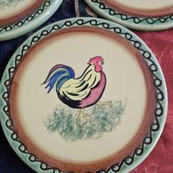 Rooster trivets country farmhouse ceramic round set of 5.