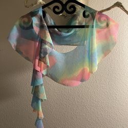 Colorful Ruffle Edge Mesh Over Top Accent Shawl Scarf 