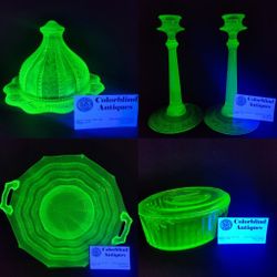 Uranium Vasoline Glass Butter Dish Bowls Cups Plates Candle Stick Holders