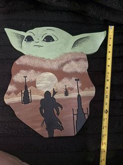 Painted wood baby Yoda wall decor