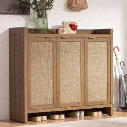 SICOTAS Shoe Storage Cabinet, 30 Pairs Rattan Shoe Cabinet Storage for Entryway, 6-Tier 41" Tall Large Shoe Cabinet, Boho Farmhouse Cabinet with Doors