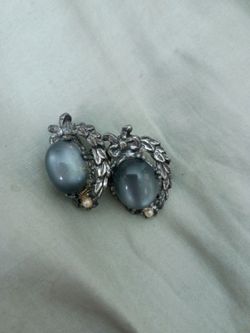 Vintage Silver Tone Clip-On Earrings with Gray Cabochons