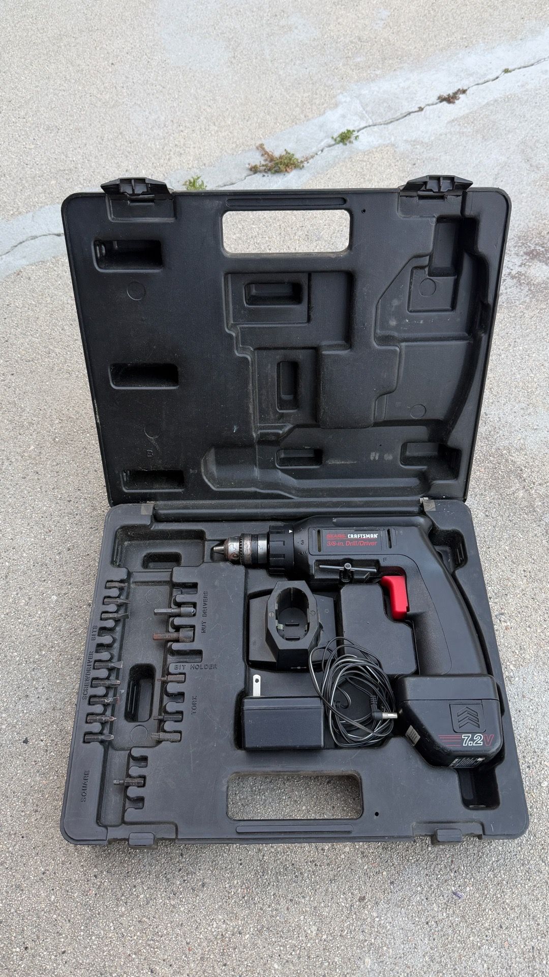 Used Sears Craftsman 7.2V Cordless 3/8” Drill Driver (Battery & Charger Broken) w Case & Misc Bits