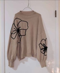 Beige Floral Embroidered Knit Sweater