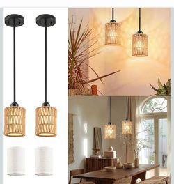 Rattan Pendant Light, 6 Inch 2-in-1 Boho Hanging Fixture, Linen Shade