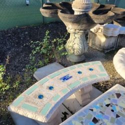 Concrete Mosaic Tile Inlay Curved Benches / Cement Garden Patio Bench / Outdoor Patio Furniture