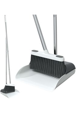 Stand Up Dustpan and Broom Set 50” Long Handle Broom with Dust Pan, 20° Angled for Ergonomic Home Office Indoor Sweeping