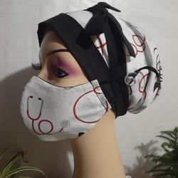 Stethoscope Surgical Scrub Hat Set Reversible Ponytail Style Doctor Nurse Medical Worker Cotton Bouffant Head Wraps With Buttons 