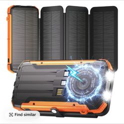  20000mAh Solar Power Bank with 4 Foldable Solar Panels, Built-in Wireless Charging, PD 15W Fast Charging, 3 Built-in Cables, 6 Charging Ports, Portab