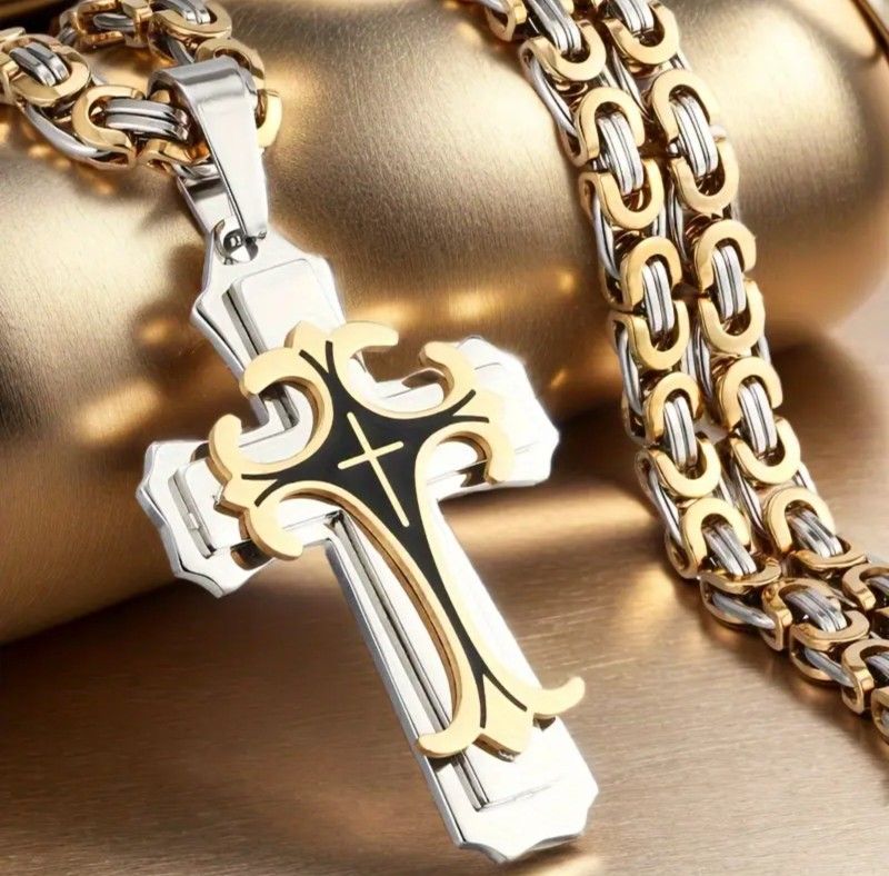 Uniquely Crafted 2-Tone Stainless Steel Multi-Layer Cross Pendant With 24" Multi-Layer Chain Necklace 