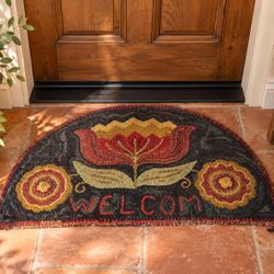 Vintage Handmade Welcom Carpet Primitive Style American Hooked Floral Rug Carpet Cottagecore Granny 35” Grand Millennial Decor 