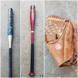 Baseball Softball Bats And Glove - $10 Each