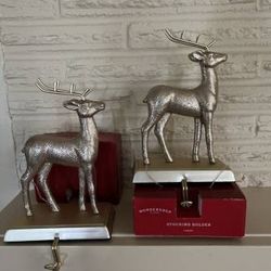 NEW IN BOX Pair Glittered Gold Heavy Weighted Reindeer Stocking Hangers