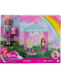 Barbie Dreamtopia Chelsea Doll & Playset, Cloud-Themed Gazebo Swing, Kitten & Accessories Including Unicorn Headband & Tail for Small Doll with Pink H