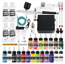 Airbrush Kit with Compressor & 18 Colors, Cleaners with Thinner 55 PSI, 0.2/0.3/0.5mm Nozzle, 4 x 3.38fl oz Cleaners, Non-Clogging Gun, Cleaning Brush