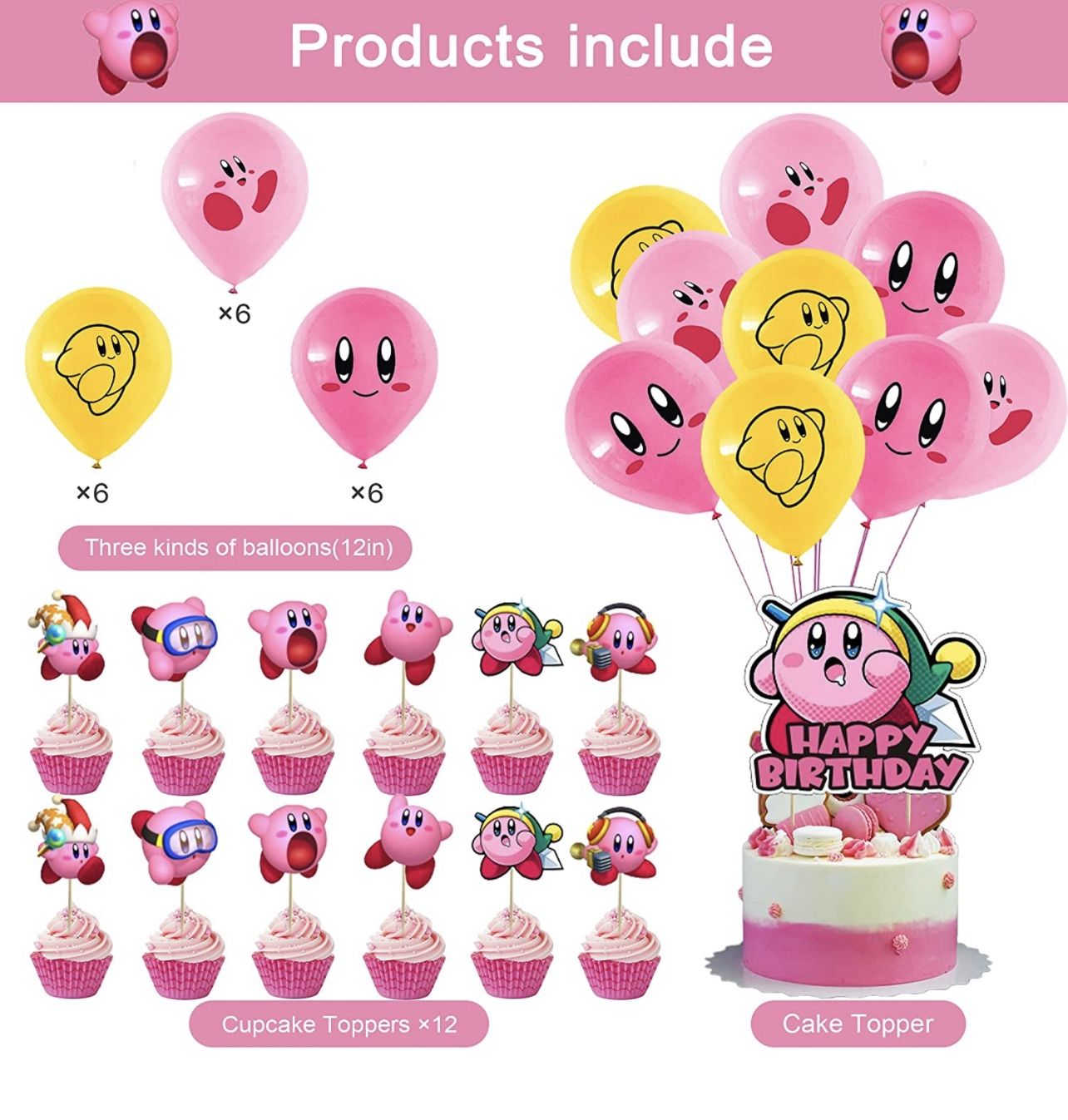 Set of 82 Kirby-Star themed birthday party decorations, children's party supplies with 1 happy birthday banner garland, 13 cupcake ornaments, 18 ballo