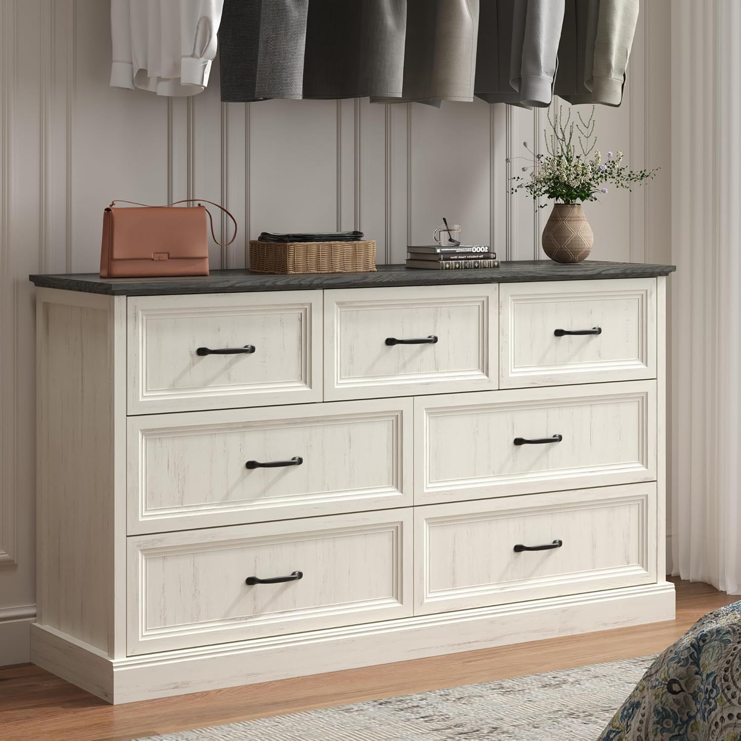 Farmhouse 7 Drawer Dresser for Bedroom, 55'' Wide Wood Rustic Chest of Drawers with Bar Handles, Mo