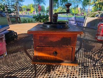 Vintage Wooden Coffee Grinder with Cast Iron Hand Crank & Drawer