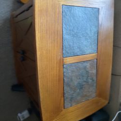 Two Solid Oak End Tables With Some Tile Inlays On Top , two Doors & shelf 