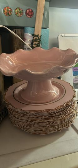 Pink Ceramic Pedestal Compote and Plate Set