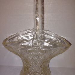 Vintage Crystal Floral Basket with Handle 10.25 Tall Clear Glass