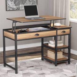 47" Lift Top Computer Desk with Drawers, Height Adjustable
