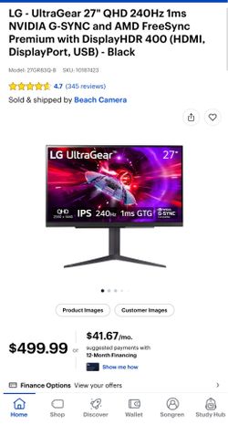 LG UltraGear 27" QHD 240Hz Gaming Monitor (27GR83Q-B)