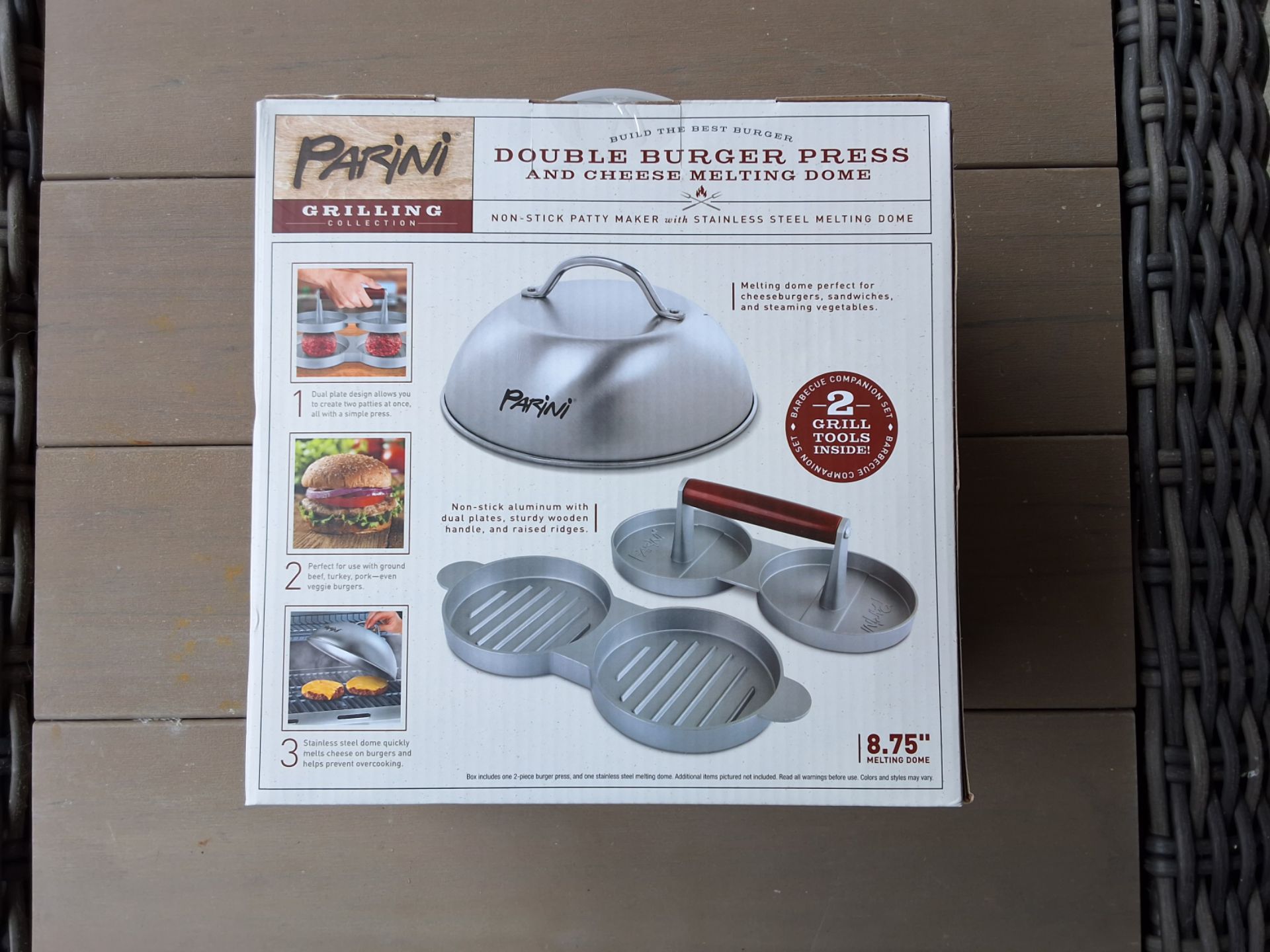 Double burger press and cheese melting dome