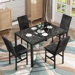 5-Piece Marble Dining Set, Modern Kitchen Table and Chairs for Dining Room, Dinette, Compact Space Saving Furniture, 4 Upholstered Velvet Chairs - Bla