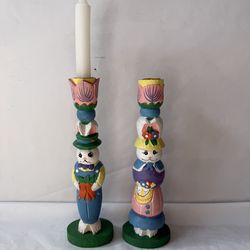 Colorful Hand-Painted Wooden Candlestick Holders Featuring Rabbit Figures in Festive Attire - Set of 2