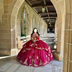 Stunning Deep Red Gold Quinceañera Dress 