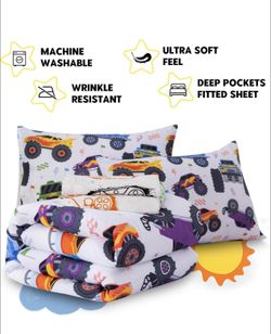 Boys Twin Size & Full sizeOff-Road Racing Truck Print Bedding Comforter Set with Sheets, Cartoon Race Trucks Printed Bed in A Bag 5 Pieces Kids Teen-B