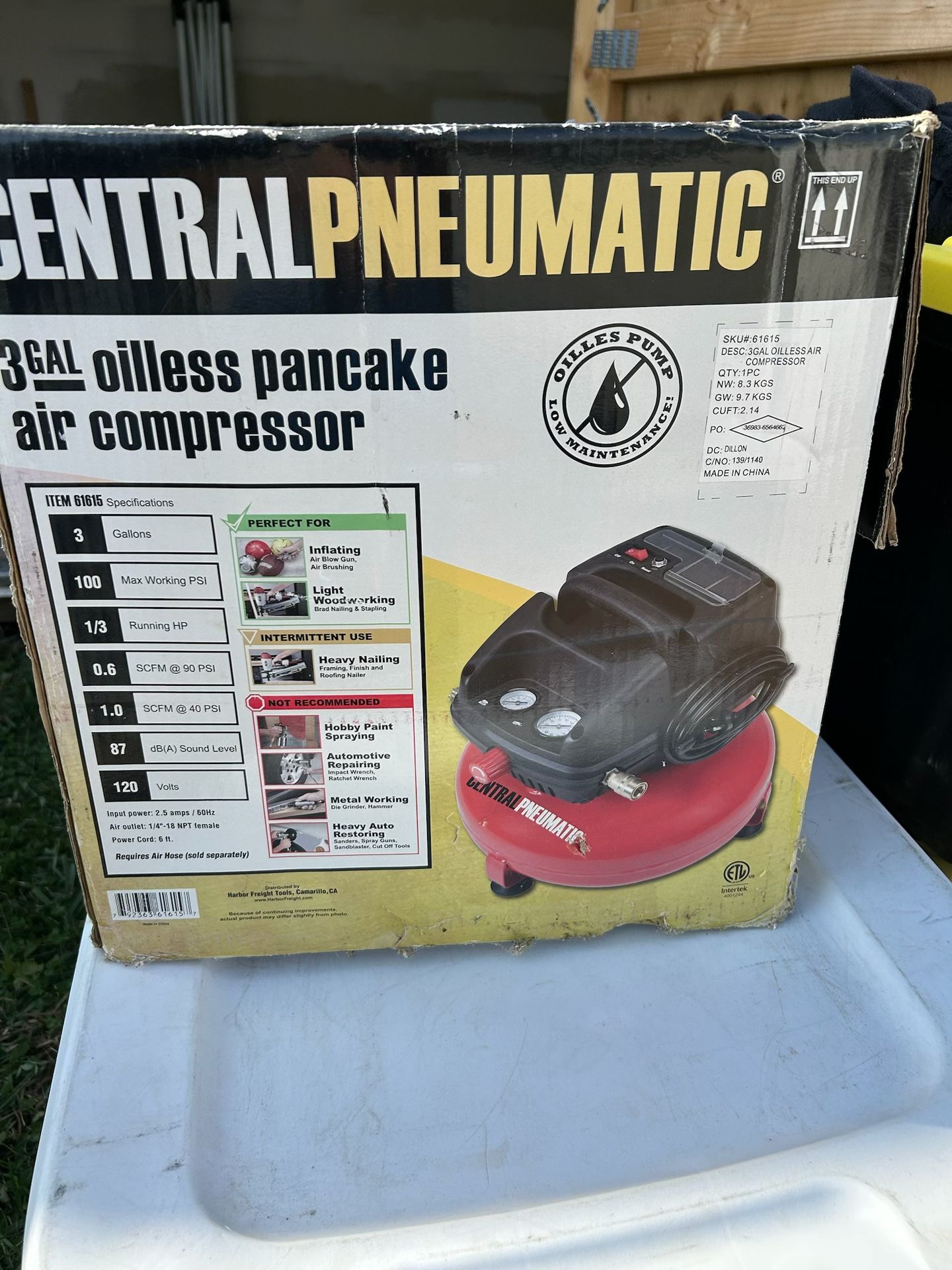 Central Pneumatic 3 Gal Oilless Pancake Air Compressor