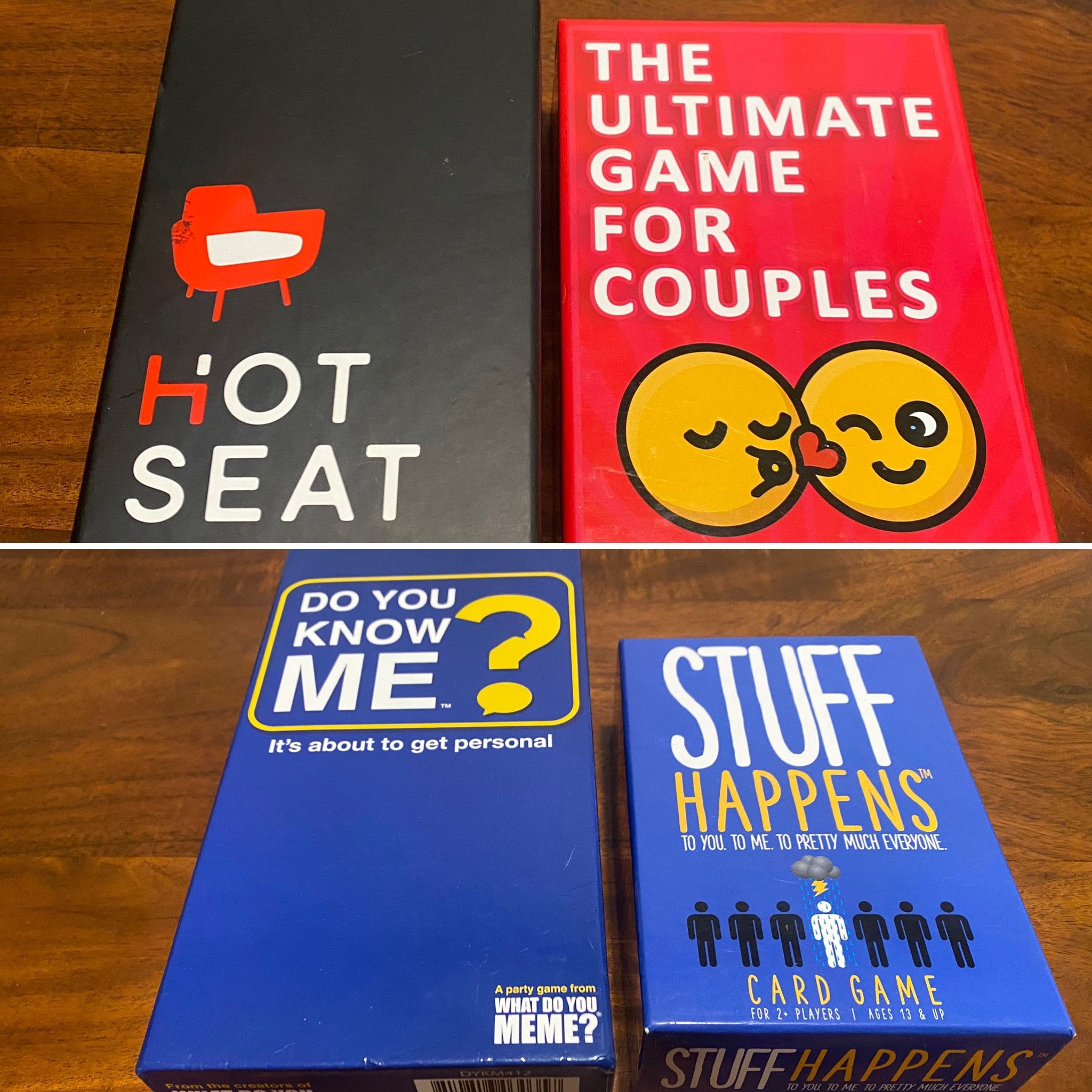 4 fun games: hot seat - the ultimate game for couples - do you know me and stuff happens Barely used. All in the box with all cards and pieces