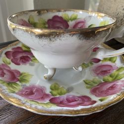 Vintage Riviera Hand Painted Del Mar, Japan Pink Cabbage Rose Design Teacup and Saucer Set