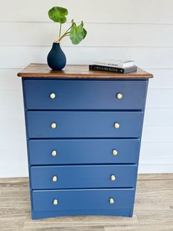 Navy Blue 5-Drawer Dresser with Wood Top