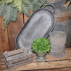 Rustic Gray Washed Farmhouse Wood Crate Candle Holder Topiary & Tray
