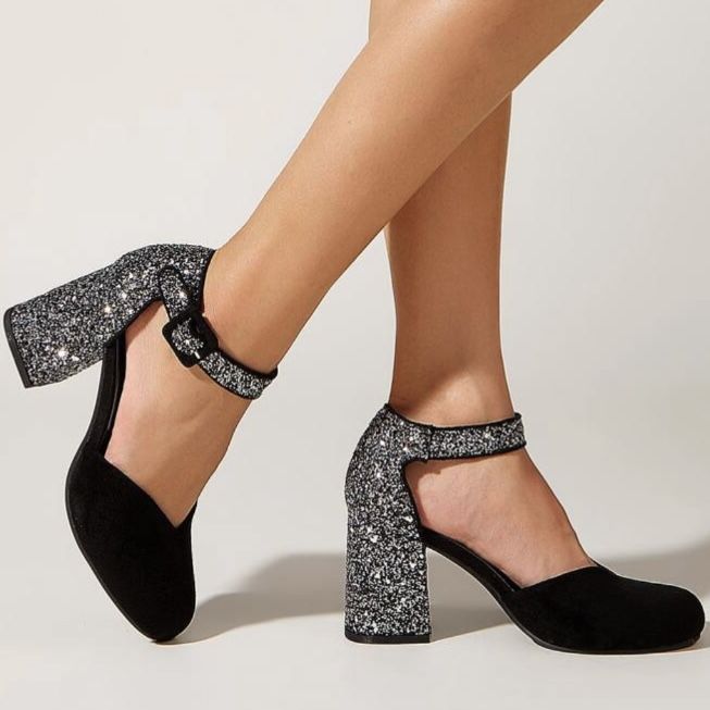 Women’s glitter block heel ankle strap round toe elegant pumps Size 38/7.5US