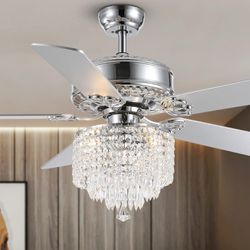 Moooni 52 Inch Modern Crystal Ceiling Fan with Lights and Remote, Elegant Chandelier Fan Light KIt Fandelier with 5 Wooden Blades for Bedroom Living R
