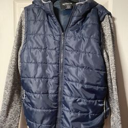 Blue Puff Vest Hooded Jacket With Grey Knit Sleeves 