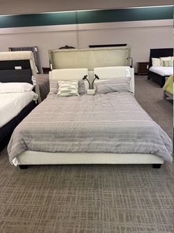 Boucle Upholstered Platform Bed - Cream | Headboard