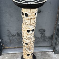 Unique gothic hand carved wood skeleton skull pedestal stand 36” tall